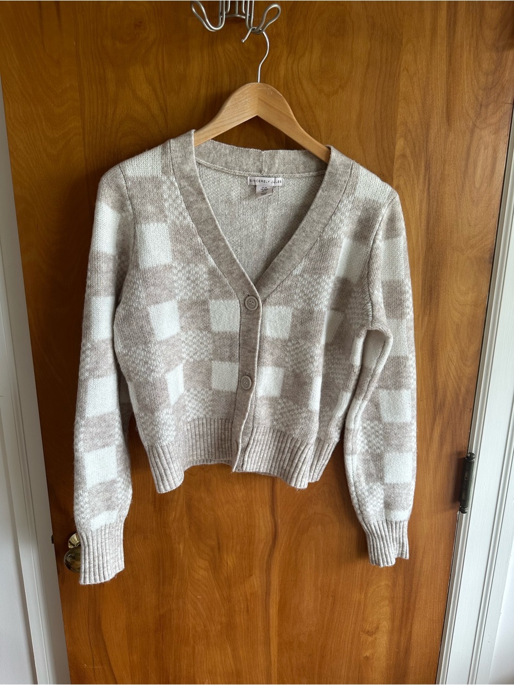 Sincerely Jules Beige & Cream Checked V-Neck Cardigan